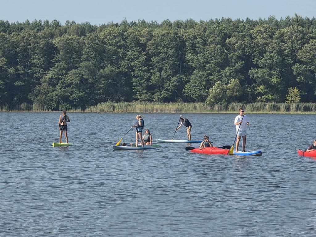 Bild eines See mit einigen SUPs und Kajaks