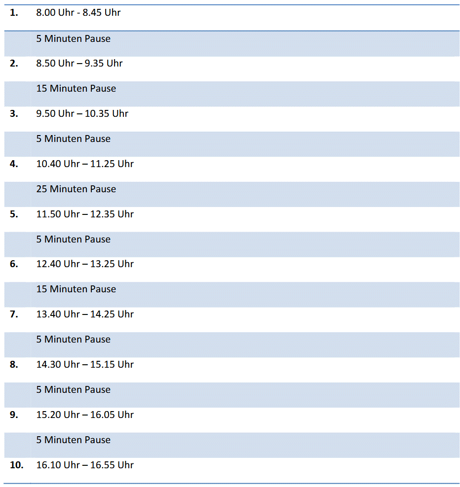 Tabelle mit den Unterrichtszeiten